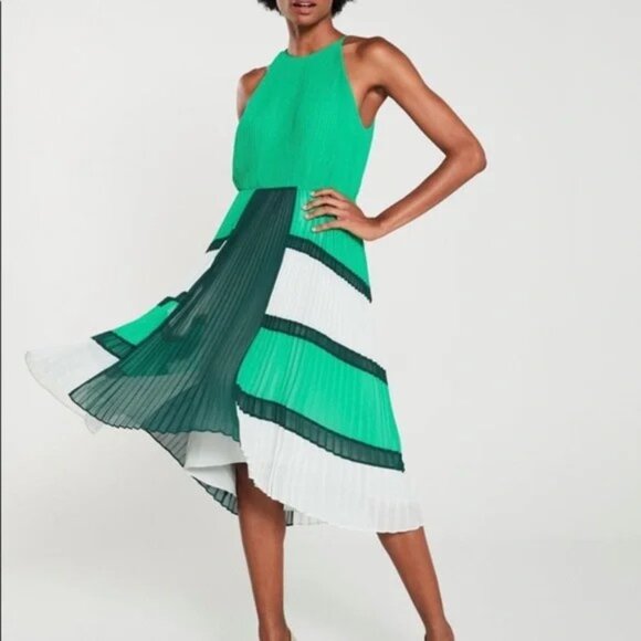 TED BAKER Nellina Pleated Midi Dip Asymmetrical Hem Green Color Block Dress $395 - Picture 1 of 17